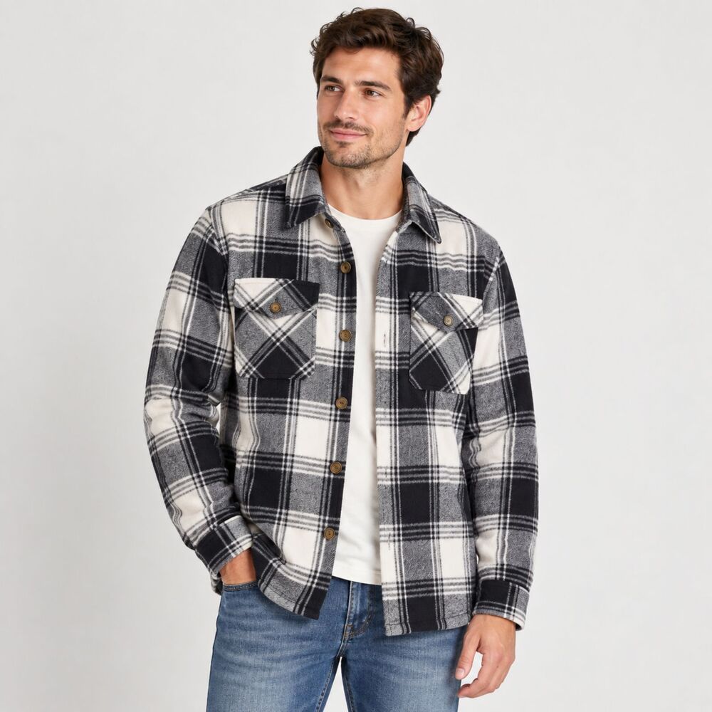 Member’s Mark Men’s L Black Cream Plaid Shacket Flannel Shirt Jacket